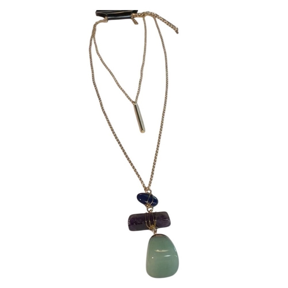 Layered Vertical Multi Stone Necklace Gold Tone Green Purple Blue Boho Jewelry